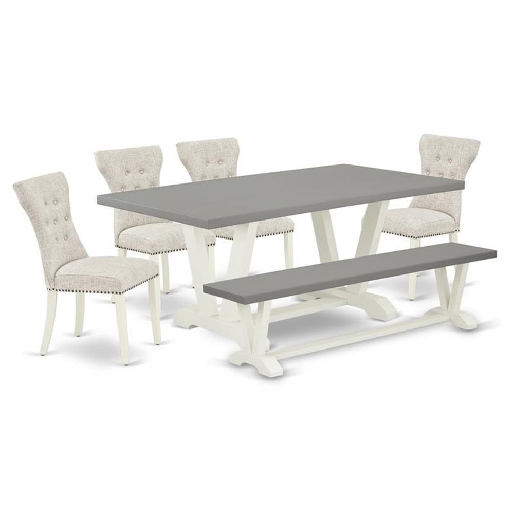 East West Furniture V-Style 6 Piece Set Contains A Rectangle Dining Room Table With V-Legs And 4 Doeskin Linen Fabric Parson Chairs With A Bench, 40X72 Inch, V097Ga235-6